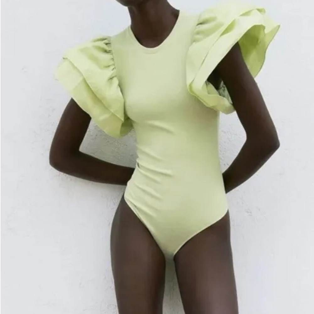 Zara Ruffle Sleeve Bodysuit Cotton Stretch Short Sleeve